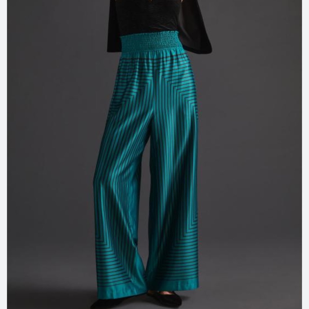 Anthropologie - hutch - wide leg emerald green with black detail trousers.